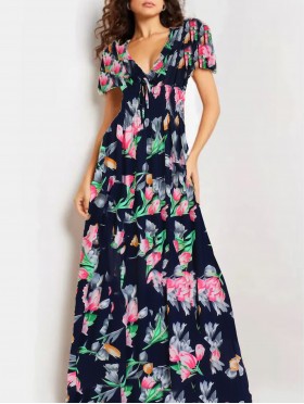 Floral V -Neck Short Sleeved Summer Dress